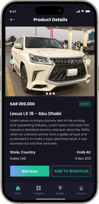 Auction listing screen with image carousel and bid controls